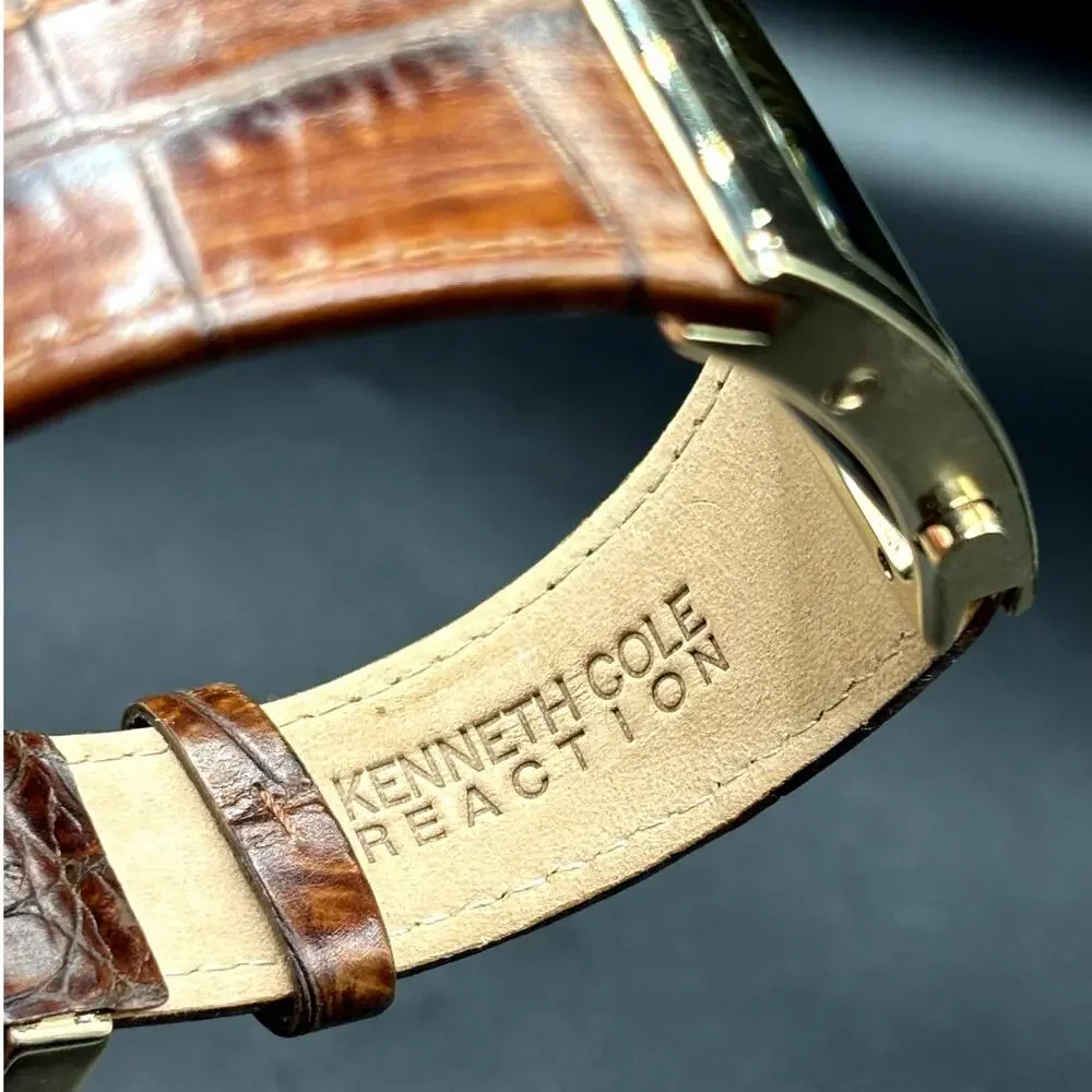 Kenneth Cole Reaction KC1398 Digital Gold Tone Brown Embossed Leather Watch Y2K
